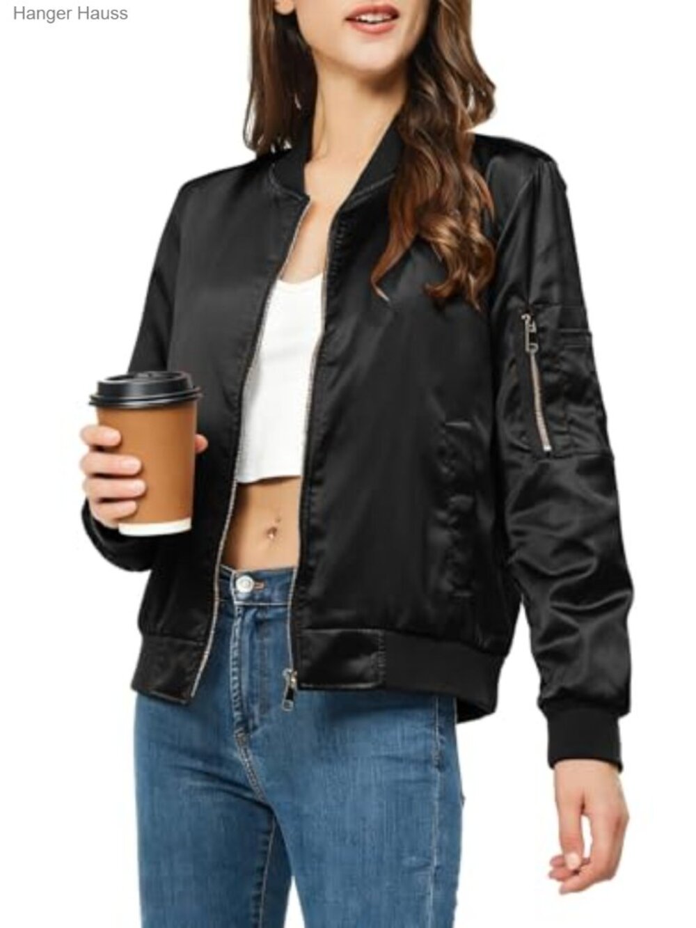Satin Bomber Jacket Women Zip Up Varsity Fall Windbreaker Pockets